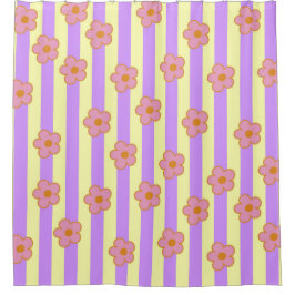 Retro  Paarse streep bloemmotief Douchegordijn