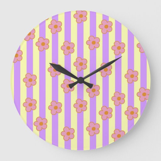 Retro  Paarse streep bloemmotief Grote Klok (Voorkant)