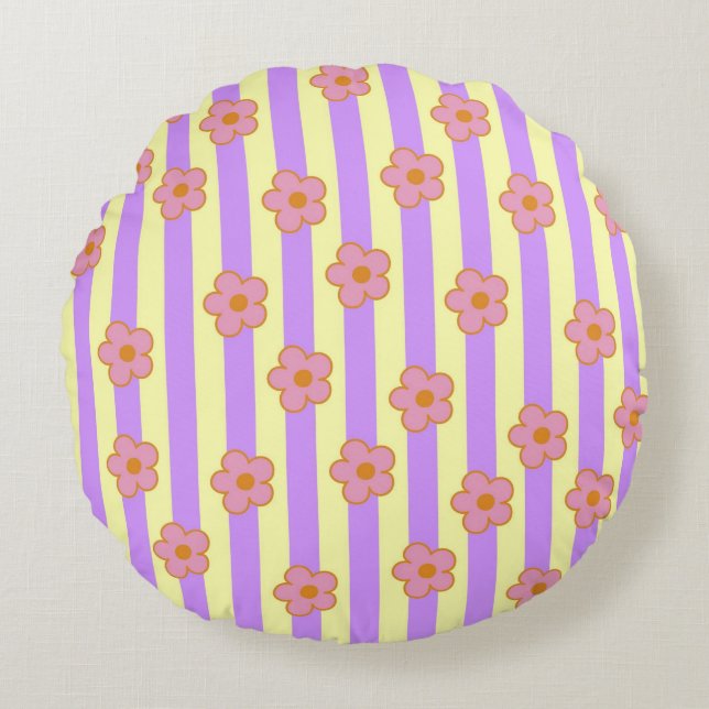 Retro  Paarse streep bloemmotief Rond Kussen (Voorkant)