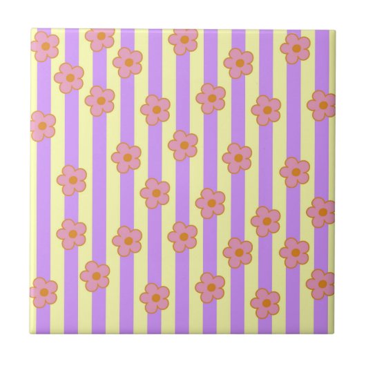 Retro  Paarse streep bloemmotief Tegeltje (Voorkant)