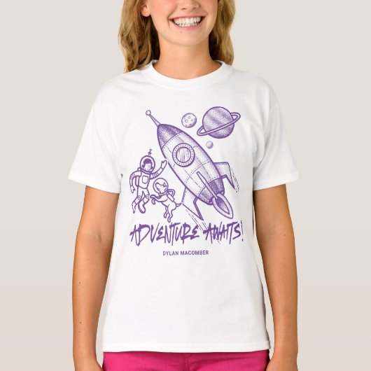 Retro Paarse White Space Travel Rocket Astronaut T-shirt (Voorkant)