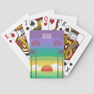 Retro paarse zonsondergang palmbomen kunst monogra pokerkaarten