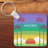 Retro Paarse Zonsondergang Palmboom Kunst Persoonl Sleutelhanger (Voorkant)