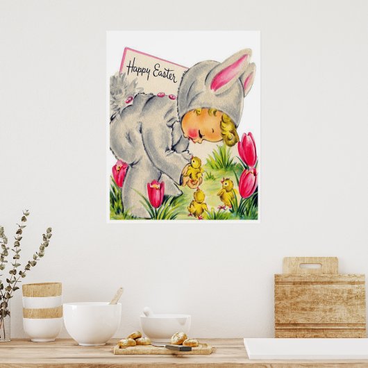 retro  paasbunny kind decor poster (Keuken)