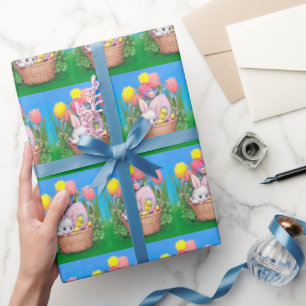 retro  paasbunny mand tiled cadeaupapier