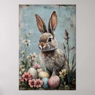 Retro Paashaas Konijn Bloem Print, Landelijk Poster