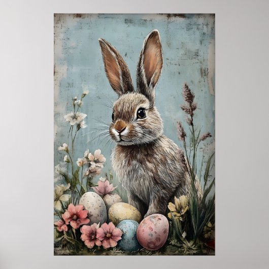 Retro Paashaas Konijn Bloem Print, Landelijk Poster (Voorkant)