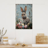 Retro Paashaas Konijn Bloem Print, Landelijk Poster (Keuken)