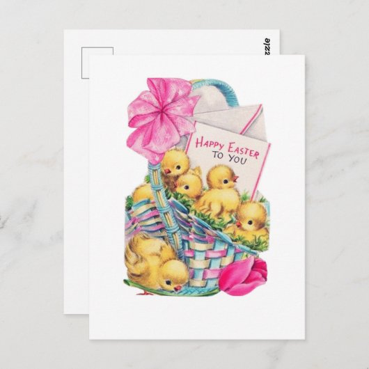 Retro Paaskippen in een mandje Briefkaart (Voorkant / Achterkant)