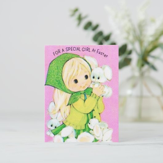 Retro  Paasmeisje konijntjes Vakantie briefkaart (Staand voorkant)