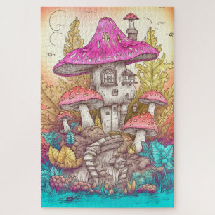 Retro Paddenstoel Dorp Illustratie Kunst Legpuzzel