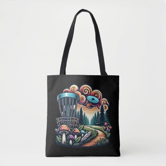 Retro paddenstoelen en disc golfbaan AI Art Tote Bag (Voorkant)