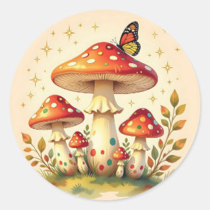 Retro Paddenstoelen en Vlinder   Vintage Kleuren Ronde Sticker