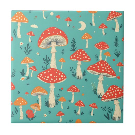 Retro paddenstoelen in  kleuren tegeltje (Voorkant)