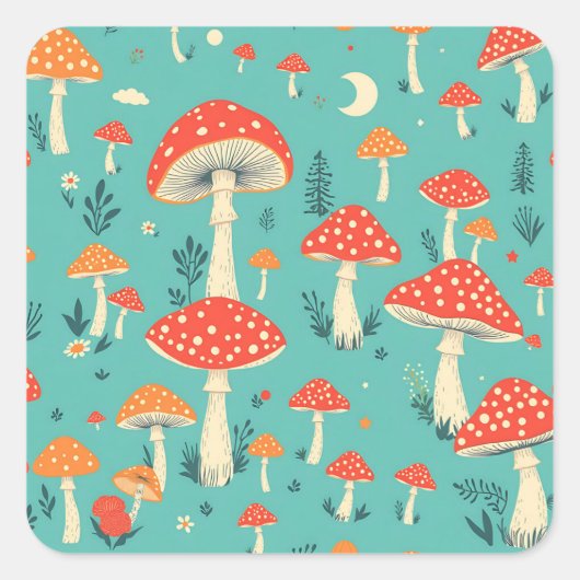 Retro paddenstoelen in  kleuren vierkante sticker (Voorkant)