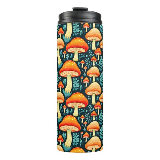 Retro paddenstoelen in Sinaasappel en blauw Thermosbeker (Voorkant)