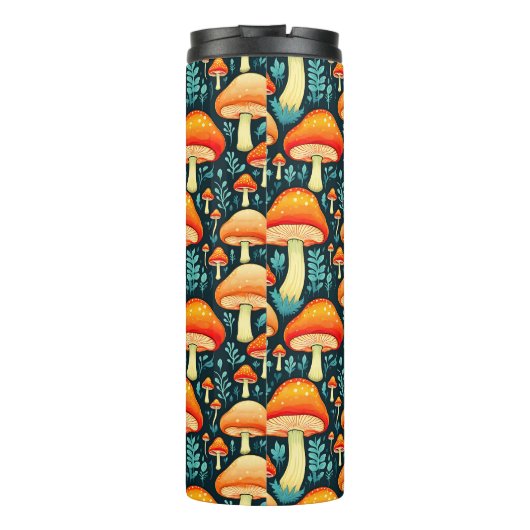 Retro paddenstoelen in Sinaasappel en blauw Thermosbeker (Achterkant)