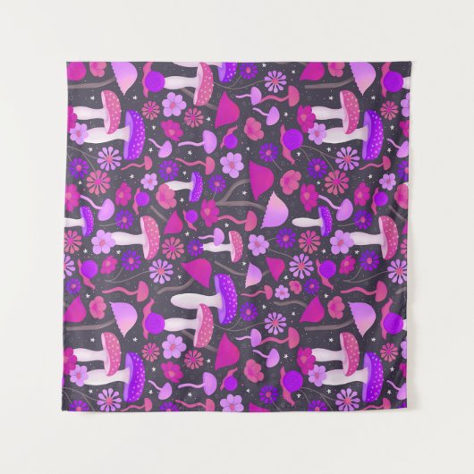 Retro paddenstoelen Psychedelic Paars, roze en zwa Wandkleed (Voorkant (horizontaal))