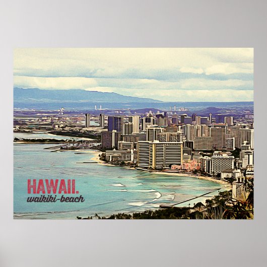 Retro Painting Hawaii Waikiki Beach Poster (Voorkant)