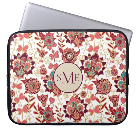 Retro Paisley Floral Monogram Laptop Sleeve (Voorkant)