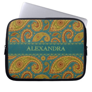 Retro Paisley Pattern Worm Tones-Monogram Laptop Sleeve