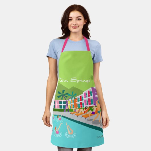 Retro Palm Springs Hotel All-Over Print Apron Schort (Gedragen)