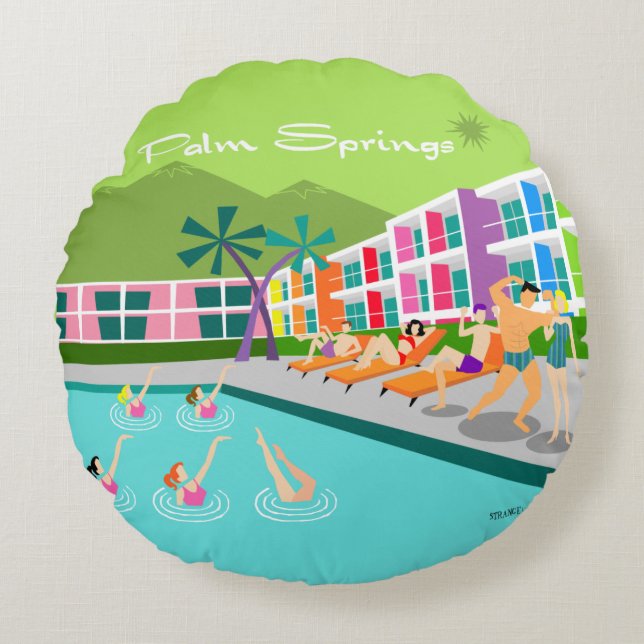 Retro Palm Springs Hotel Round Pillow Rond Kussen (Voorkant)