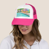 Retro Palm Springs Hotel Trucker Hat Pet (In situ)
