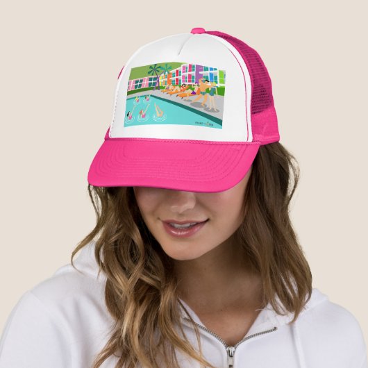 Retro Palm Springs Hotel Trucker Hat Pet (In situ)