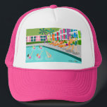 Retro Palm Springs Hotel Trucker Hat Trucker Pet<br><div class="desc">This Retro Palm Springs Hotel trucker capt is as fabulous as it is kitschy. Its garishly bright rainbow facade is dwarfed by the lime green mountains and spectacularly iconic palm trees. There's a party going on by the pool with bathing beauties and muscle men soaking up some vitamin D while...</div>