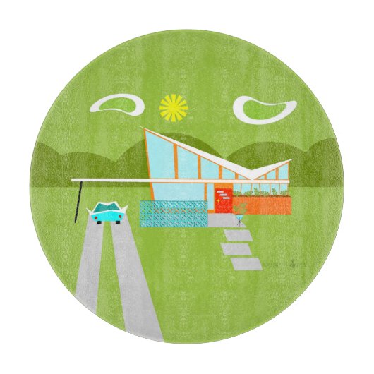 Retro Palm Springs House Glass Cutting Board Snijplank (Voorkant)