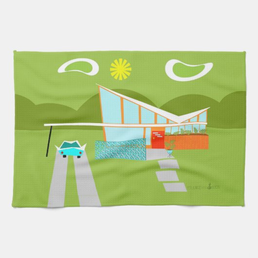 Retro Palm Springs House Kitchen Towel Theedoek (Horizontaal)