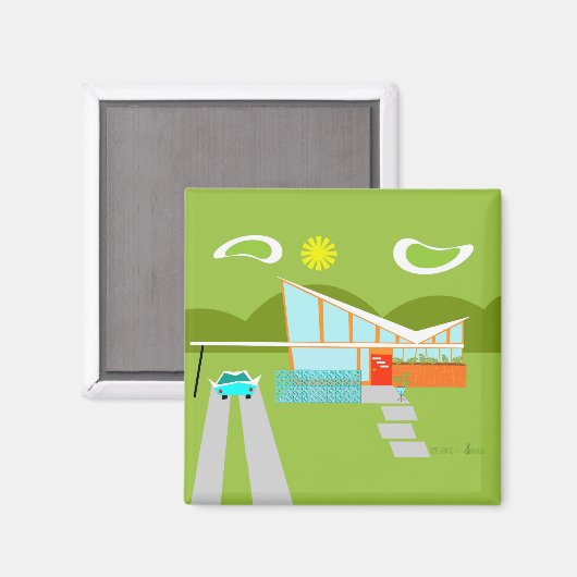 Retro Palm Springs House Square Magnet (Voorkant / Achterkant)