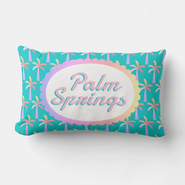 Retro Palm Springs Turquoise Tropische Palmen Kussen (Voorkant)