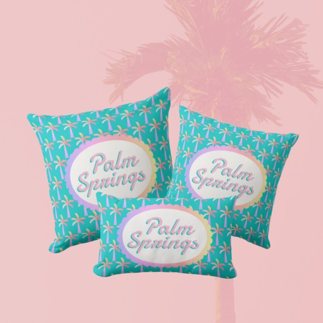 Retro Palm Springs Turquoise Tropische Palmen Kussen (Available in 3 sizes.)