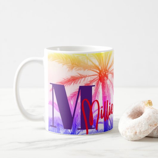 Retro Palm Sunset – gepersonaliseerde naam Koffiemok (Met donut)
