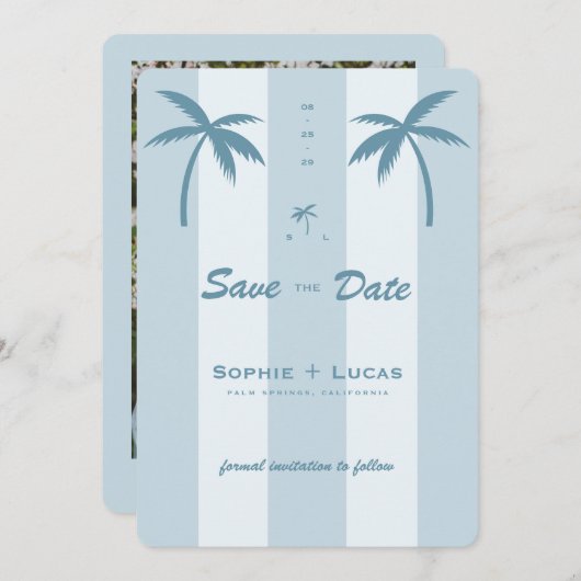 Retro Palm Tree Monogram Tropische Strand Huwelijk Save The Date (Voorkant / Achterkant)