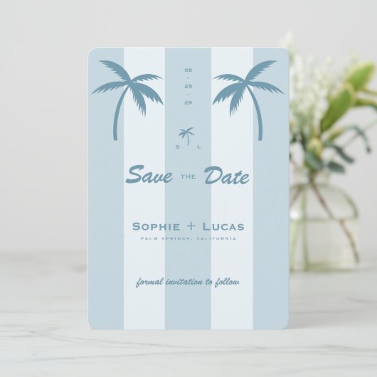 Retro Palm Tree Monogram Tropische Strand Huwelijk Save The Date (Staand voorkant)