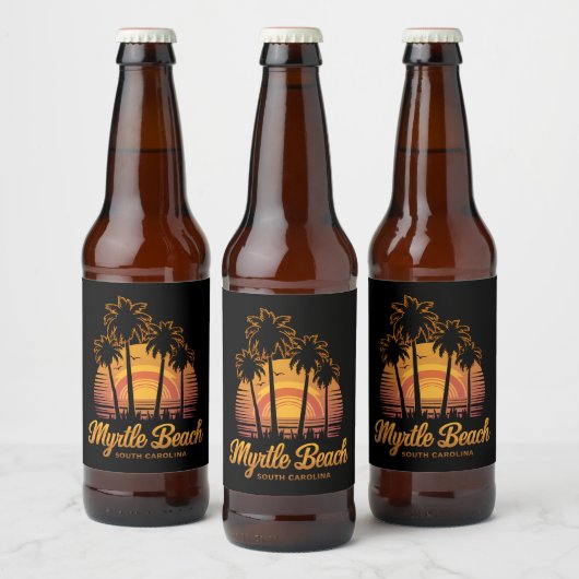 Retro Palm Tree Sunset South Carolina Myrtle Beach Bier Etiket (Flessen)