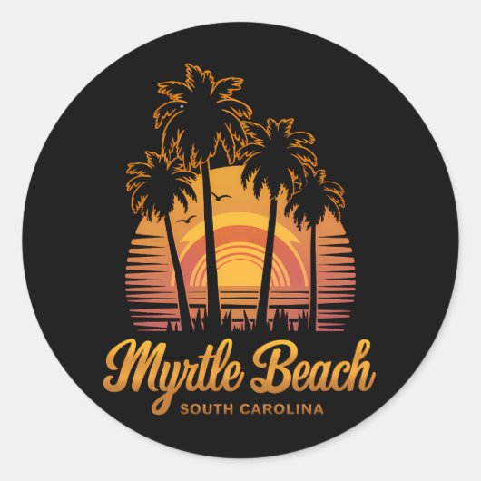Retro Palm Tree Sunset South Carolina Myrtle Beach Ronde Sticker (Voorkant)