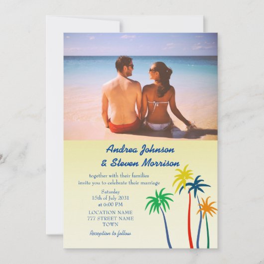 Retro Palm Tree Tropical Beach Wedding Kaart (Voorkant)