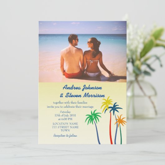Retro Palm Tree Tropical Beach Wedding Kaart (Staand voorkant)