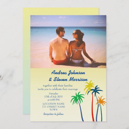 Retro Palm Tree Tropical Beach Wedding Kaart (Voorkant / Achterkant)