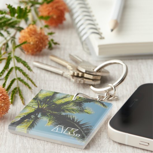 Retro Palm Tree Uw Initiaal Monogram Sleutelhanger (Voorkant Rechts)