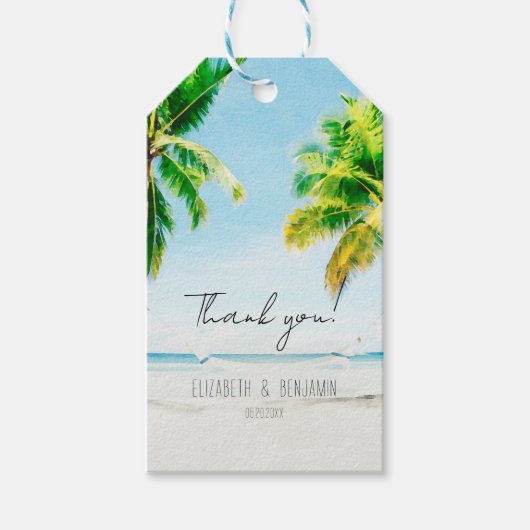 Retro Palm Trees Beach Tropische bruiloft gunst La Cadeaulabel (Voorkant)
