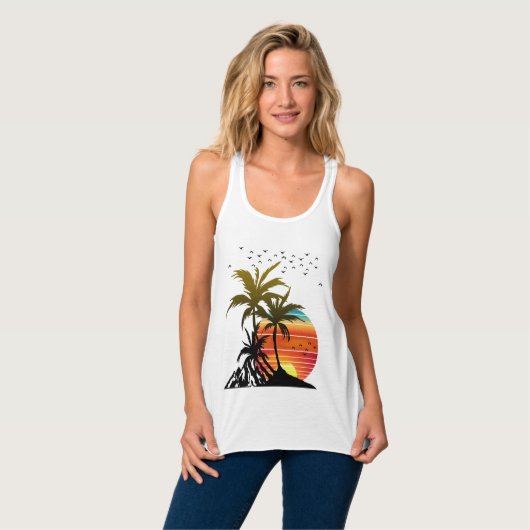 Retro Palm Trees Mountain Sunset Tanktop (Volledige Voorkant)