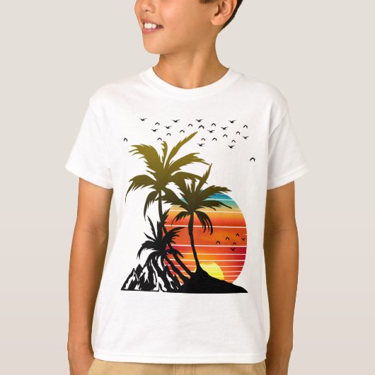 Retro Palmbomen Berg Zonsondergang T-Shirt (Voorkant)