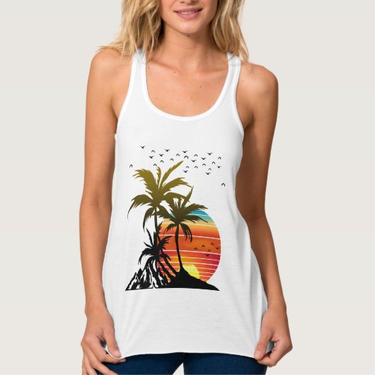 Retro Palmbomen Berg Zonsondergang Tanktop (Voorkant)