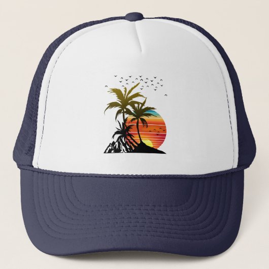 Retro palmbomen berg zonsondergang trucker pet (Voorkant)