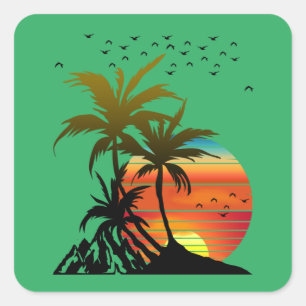 Retro Palmbomen Berg Zonsondergang  Vierkante Sticker